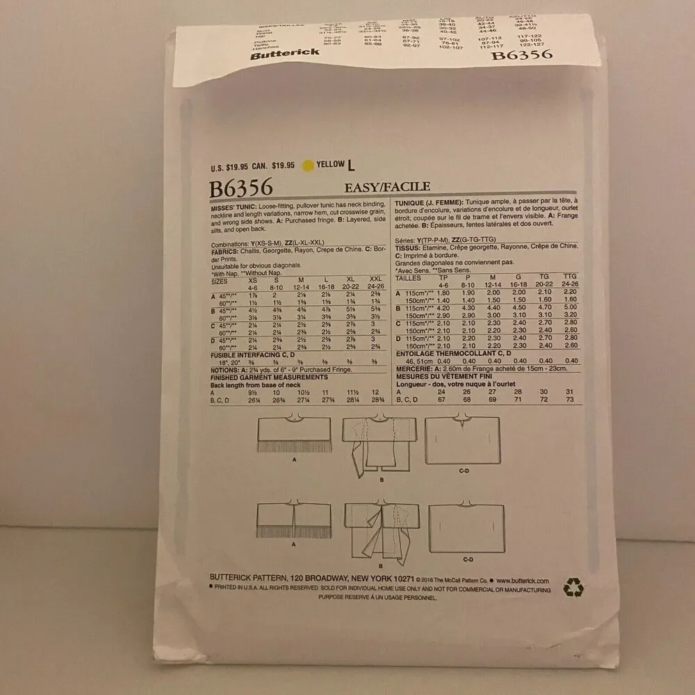 #B6356 Butterick Misses Tunic Sewing Pattern Size L-2XL